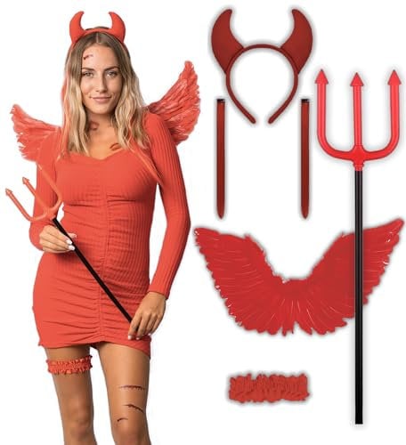 8 pcs Red Devil Costume - Halloween Costumes For Women - Adult & Teen One Size Fits All Accessories Set - 2025 Trending Fancy Dress - UK Based Brand