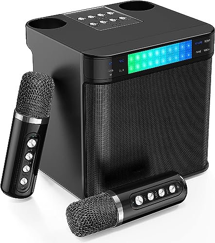 Enceinte Karaoke Complet Haut-Parleur Bluetooth avec 2 Microphones sans Fil pour Le Chant, Machine de Karaoké Sono Portable Support Bluetooth AUX FM USB/TF pour Patry la fête Les activités