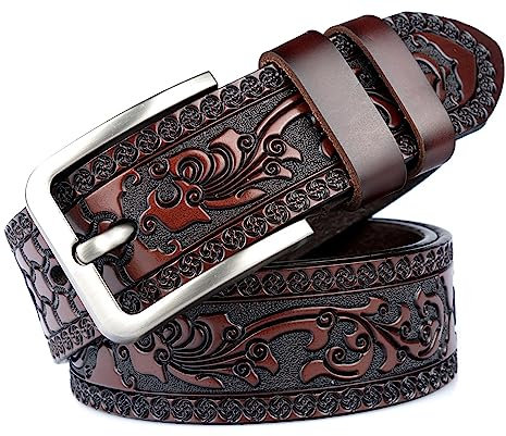 INOGIH Herren Echtes Casual Leder Gürtel Western Cowboy Stil Floral Gravur Taillengürtel für Jeans, Kaffee, 43''Length Suit for Waist 34''-39''