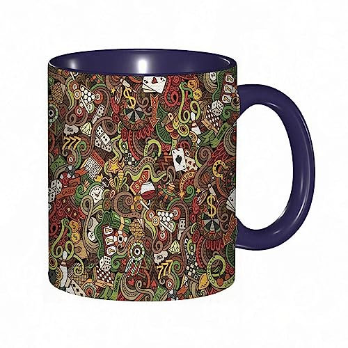 Tasse Keramik Casino Doodles Style Art of Bingo and Cards Excitement Checkers King Tambourine Vega Kaffeetassen Große 330ml Mit Henkel 100% Handbemalt Trinkgläser Mit Griff Personalisierte Geschenk