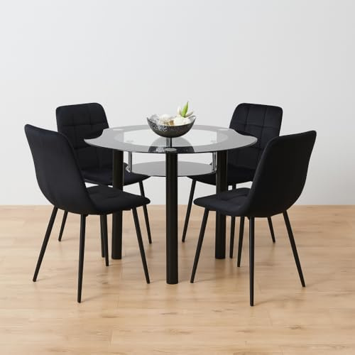 KOSY KOALA Glass Round Dining Table and Chairs Set - Tempered Black Glass Kitchen Table with 4 Black Velvet Dining Chairs - Modern 4 Seater Kitchen Room Furniture - 90 x 90 x 75 cm