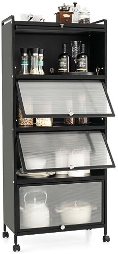 COSTWAY Armoire Cuisine 5 Niveaux, Étagère Cuisine 4 Portes PC Escamotables avec 4 roulettes, Étagère Micro-Ondes pour Salle à Manger, Salon, 60 x 32 x 154 cm, Noir (Noir)