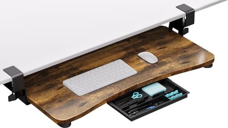 CALASK Desktop Keyboard Tray, Under Desk Pull Out,25.59 X 11.81 Large Size Radian Keyboard Tray with C-Clip Mount, Easy Installation, Computer Keyboard Stand, for Home Study and Office(Wood)