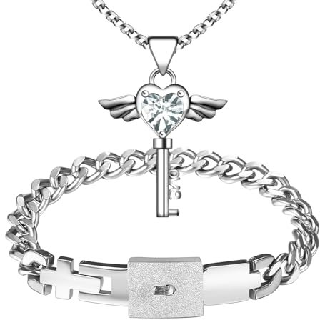 Flongo Pärchen Schloss Schlüssel Schmuckset: Silber Paare Armband Halskette Set Damen Kette mit Herz Flügel Anhänger Herren Cuban Lock Armkette Edelstahl Geschenk für Partner Weihnachten Valentinstag