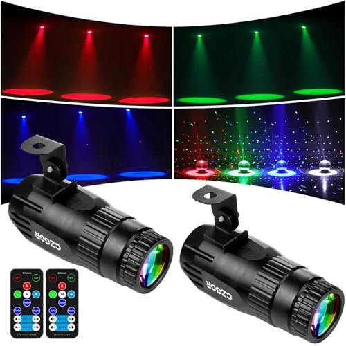 Pack de 2 15W LED Pinspot Luz, Czgor Pin spot LED RGBW 4 en 1 Bola de Espejos Proyector con Control Remoto y 3 modelos de iluminación, Foco Pin Spotlight Ultrabrillante para Fiestas Clubes Bares Bodas