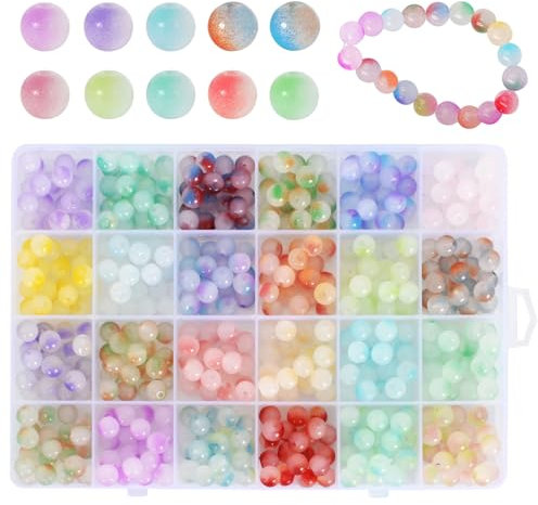 8mm Gelee Glasperlen 480 Stück Glasperlen Edelstein Perlen Kristall Perlen Rund Perlen Bunte Perlen mit Loch zum Basteln für Halsketten Armband Ohrringen Schmuckherstellung DIY Handwerk Dekor