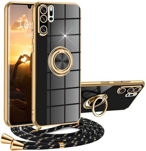 XCYYOO Hülle Huawei P30 Pro mit Band, Handyhülle Huawei P30 Pro mit Kette Kordel Ständer Kratzfest Silikon Handykette Stoßfeste Schutzhülle für Huawei P30 Pro, Schwarz