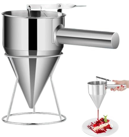 Omevett Stainless Steel Pancake Dispenser 1.2L Kitchen Piston Funnel Octopus Balls Batter Dispenser with Handle & Rack Candle Pouring Funnel for Baking Wax Waffles Muffin Mix Crepes Cake