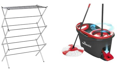 Amazon Basics Foldable Concertina Indoor Clothes Airer - Chrome & Vileda Turbo Microfibre Mop And Bucket Set, Spin Mop For Cleaning Floors, Set Of 1 Mop And 1 Bucket