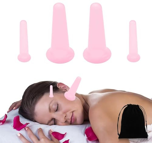 Coppetta Anticellulite in Silicone, Coppette Massaggio Cupping Anti Cellulite, 4 pezzi Set Coppettazione Viso Silicone - Riduttore Doppio Mento, La coppettazione sottovuoto può Viso e Corpo, Rosa