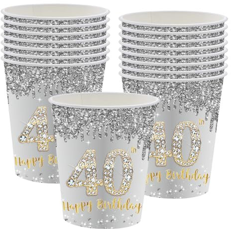 Paquete de 16 vasos de papel para 40 cumpleaños, plata y oro de 235 ml, vasos de papel, vasos de papel plateados dorados para 40 cumpleaños, vajilla de fiesta para niñas, niños, suministros de fiesta
