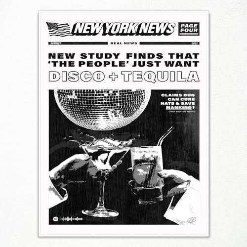 GAINOW Vintage Disco Schlagzeilen Poster, lustige Schwarz-Weiß-New-York-News-Leinwandkunst, Humor-Zitate, Poster, trendige Retro-Musik-Wanddekoration für Wohnzimmer, Barwagen 40x60cm ungerahmt