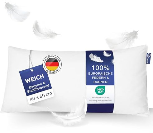 Clemens weiches Daunenkissen 40x60 cm (600g) - Kissen aus Europäischen Daunen 15% und Federn 85%, Federkopfkissen Made in Germany - Weich & Supportiv - Daunen Kopfkissen für Rücken- und Bauchschläfer
