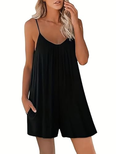 Haibang Combinaison Femme Été sans Manches Casual Combishort Femme Bretelles Spaghetti Réglables Salopette Short Chic et Élégant Jumpsuit Loose Playsuit avec Poches Décontracté Plage Rompers