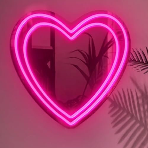 KADAFAGO Double Heart Neon Sign Pink LED Mirror Neon Wall Decor Romantic Lighting for Wedding Decoration, Makeup Mirror, Home Decor and Wedding Birthday Party Decorations