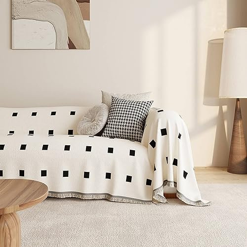 Bishilin Sofabezug Ecksofa Nordisch, Sofa Überzug 2 Sitzer 180x230CM Schwarz Quadrat Muster mit Quasten Couchbezug Eckcouch Katzenschutz Universal