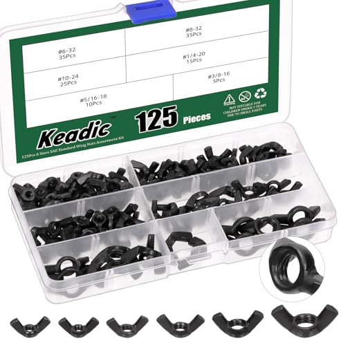 Keadic 125Pcs SAE Wing Nuts Assortment Kit, 3/8 5/16 1/4 #10#8#6 Carbon Steel Black Zinc Plated Wing-Nut Fasteners, Hand Twist Tighten Ear Wingnuts Butterfly Nut for Home Building Industry