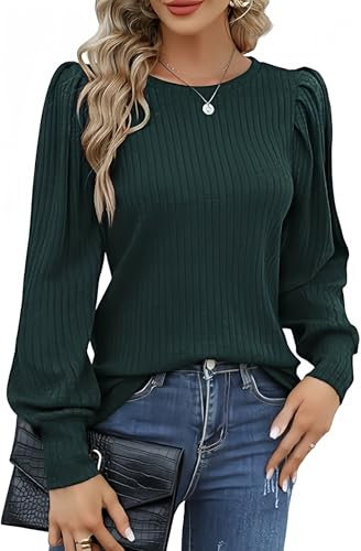 HOTOUCH Pullover Damen Herbst Langarm Rundhals Oberteil Dünner Puffärmel Bluse Elegant Lässig Grün M