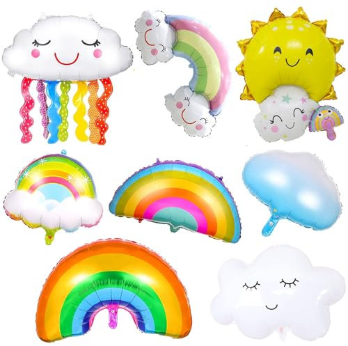 Bubuny 8 Stk. Folienballon Regenbogen Wolken Luftballons, Helium Ballons Folie Luftballons Wolke Folienluftballon Lächelnde Heliumballons für Jungen Mädchen Folienballons für Geburtstag Party Deko