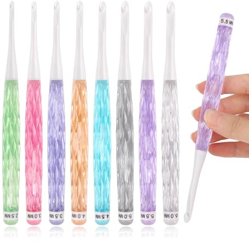 Coopay Kristallgriff Häkelnadel Set, 8 Stück Anti-Rutsch Häkelnadeln mit Rhombus-Design für Anfänger, 2,5-6,0mm Leichte Kunststoff Häkelnadel für Puppen, Socken, Schön Bunte Häkelnadel für Kinder