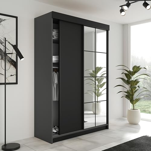 KIER FURNITURE Schiebegarderobe LAMARO mit Spiegel - Schrank Schlafzimmer - Schlafzimmerschrank - Wardrobe Bedroom - Kleiderschränke - Kleiderschrank - 138x205x59 - Graphit & Schwarz