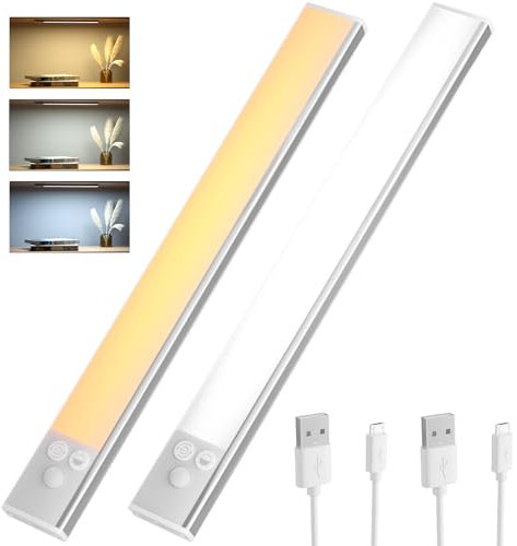 OUSFOT Unterbauleuchte Küche 30cm [2 Stück] Schrankbeleuchtung LED mit Bewegungsmelder dimmbar kabellos Schrankleuchte USB Wiederaufladbar Schranklicht für Treppen/Kleiderschrank/Küche, Silber