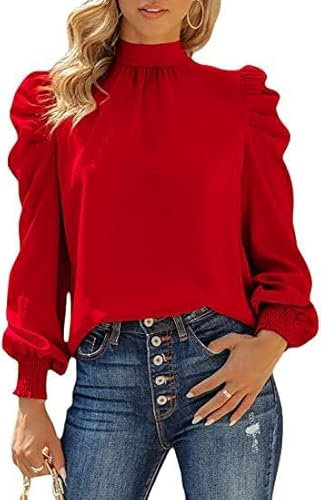 TANMESSO Women’s Satin Mock Neck Long Sleeve Blouses Smocked Puff Sleeve Business Casual Work Tops (red,XL,XL,Regular,Regular)