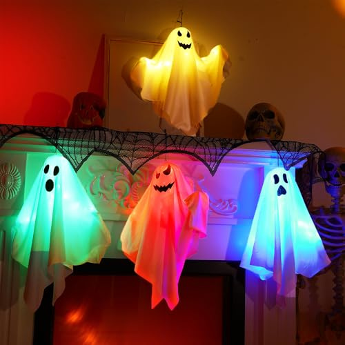 4 Stück Halloween Geister LED Lichterkette mit Hängenden Geistern