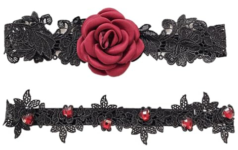 Anevous Jarretière de mariage avec roses rouges - Porte-jarretelles en dentelle extensible - Pour femme - Accessoire de fête - Accessoire de mariage - Noir