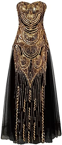 Angel-fashions Damen Bankettkleid mit Pailletten, trägerlos, Herzausschnitt, Netzstoff, Schnürung Bankettkleid Schwarz 38