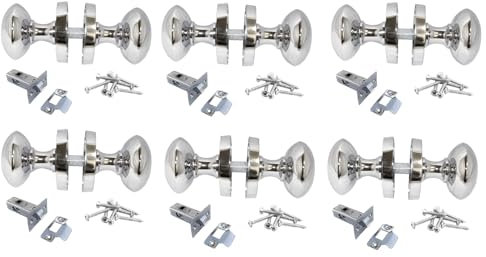 Polished Chrome Round Door Knob Set Including Tubular Latch - Victorian Style Sprung Internal & External Door Knobs for Mortice Locks & Tubular latches (6 Pair of KNOBS + Tubular Latch)