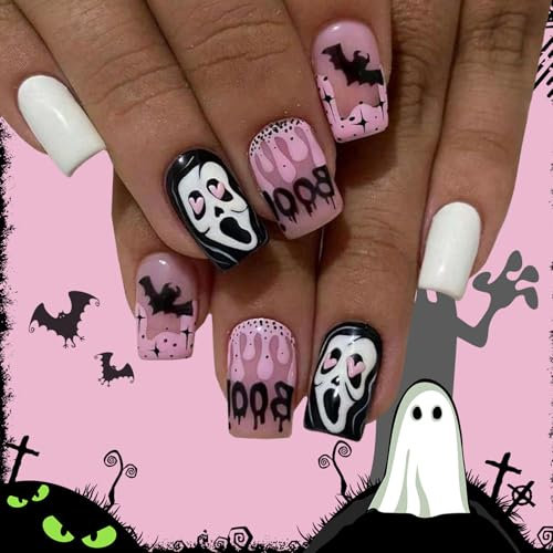 Ceboic Halloween French False Nails - 24Pcs Short Square Press on Nails, Glossy Full Cover Acrylic Nails Kit, Artificial Stick on Nail for Women and Girls Manicure Decorations - White Skeleton