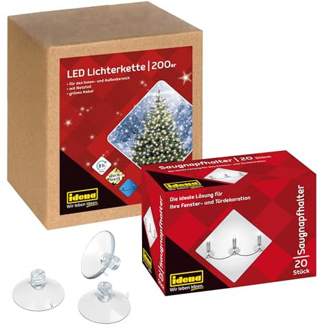 Idena 90214 - Luces LED de Hadas con 200 LED en Amarillo Dorado con Temporizador, 29,9 m, Incl. 20 ventosas con Ranura para fijación, Exterior e Interior, para decoración de Fiestas y Navidad