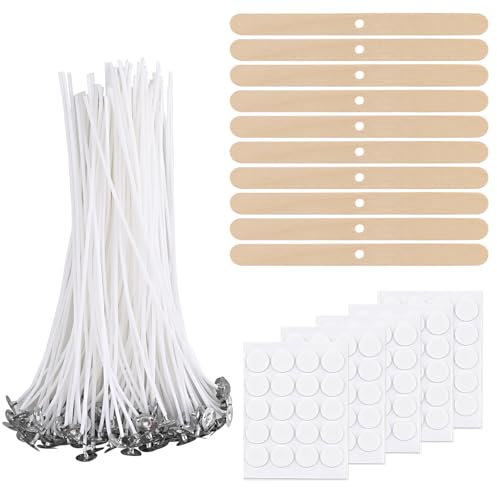 Lrocotanc Kit de Mechas para Velas - 100 Mechas de 20 cm Algodón, 100 Adhesivos y 10 Soportes de Madera, Ideal para DIY en la Fabricación de Velas y Candelabros