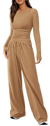 Haibang Zweiteiler Damen Herbst Baumwoll Lounge Set Slim Fit Jogginganzug Trainingsanzug Cozy Hausanzug Loungewear Y2K Outfit Asymmetrischer Saum Langarmshirt und Kordelzug Weites Bein Lang Hosen Set