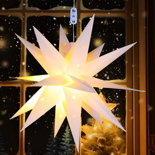 Weihnachtsstern mit Beleuchtung Außenstern mit Timer, LED Papierstern Beleuchtet zum Aufhängen mit Batterien LED Star Lights, 3D Leuchtstern Außenbeleuchtung Weihnachtsdeko für Innen Aussen (58cm)