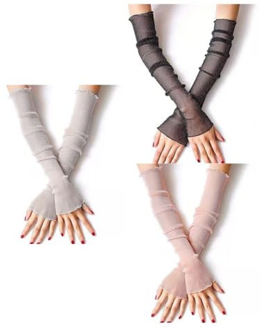 TSUOUKL 3 Paar Armstulpen für Damen, lang, ultradünn, Spitze,durchsichtige Stulpen, Damen, kühlender Sonnenschutz Tül Fingerlose Armstulpen Perfekt Party Outdoor Sportaktivitäten