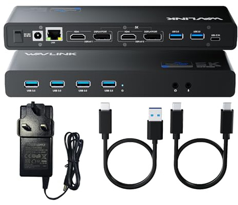 WAVLINK Stazione aggancio DisplayLink, doppio HDMI e doppio DP | 6×USB 3.0, Ethernet Gigabit, audio, microfono, compatibile macOS e Windows