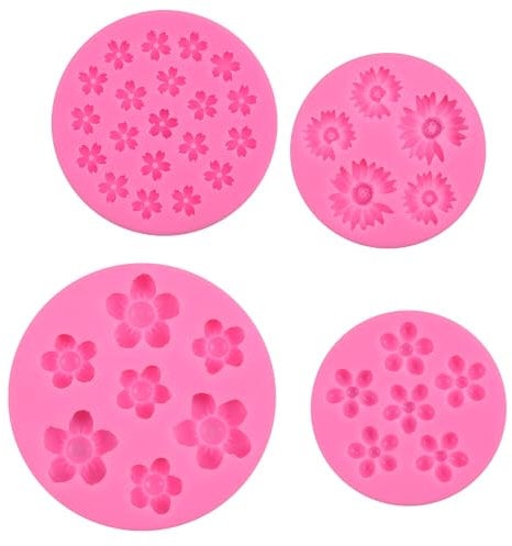 4 Pack Flower Silicone Molds for Fondant, Chocolate and Candy, 3D Daisy Mold Small Flower Mould for Cake Decorating, Sugarcraft, Soap, Candle, DIY Crafting