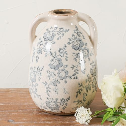 Ronasip Vintage Chinoiserie Griffe 17,8 cm blau und weiß Vase Dekor Retro Eisrisse handbemalt Pfingstrose Keramik Krug Antikstil Heimdekoration (19,1 cm Blau und Weiß)