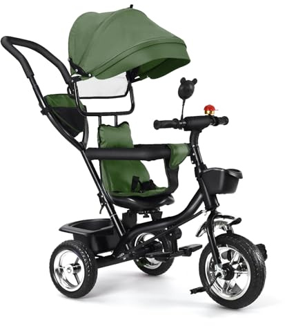 Baby-Dreirad, mitwachsend, Dreirad für Kinder von 18 Monaten bis 5 Jahren, 4-in-1-Kinderwagen-Fahrrad mit wendbarem Sitz, Sonnenschutz und Pedal, kompakter Kinderwagen (Grün, 4 in 1)