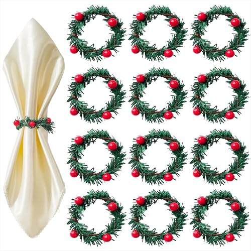 Weihnachten Serviettenringe Rote Beeren Serviettenhalterring Miniatur Serviettenschnalle Dekokranz Napkin Rings für Christmas Hochzeitsfeiern Party Abendessen Tischdekoration 12 Stück