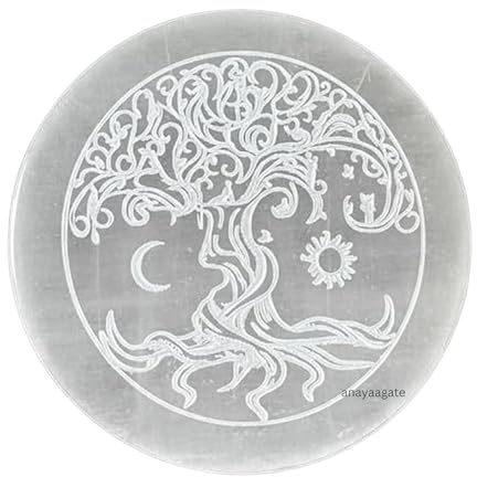ANAYA AGATE Selenite Crystal Charging Plate - Engraved Tree of Life Healing Stones Coaster - 3 Round Disc for Home and Office Table Decor - Crystals and Healing Stones