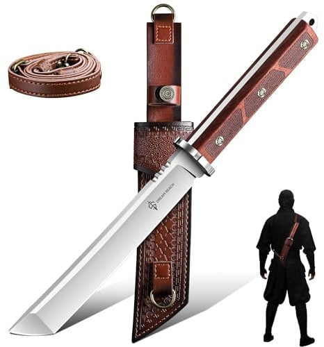 Dream Reach Tanto Outdoor Messer, Full Tang Campingmesser mit Lederscheide | Großes Feststehend Messer, Full Tang, Lederscheide, für Bushcraft Holz Spalten, Outdoor Camping Survival, Geschenk für Männer
