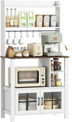 HOMCOM Alacena de Cocina Alta con 6 Ganchos para Tazas 80x40x152 cm Blanco | Mueble Auxiliar de Cocina, 2 Puertas de Vidrio, Estantes Abiertos