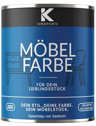 KENZOPAINTS Möbelfarbe 750ml. Seidenmatt Möbellack Buntlack Innen und Außen Holzfarbe Trendfarben DIY (1, Ozeanblau von Santorini, 750ml.)