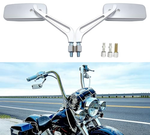 FRICYGAO 8mm 10mm Motorrad Rechteck Rückspiegel Chrom mit blauen Gläsern Seitenspiegel, Für Honda, Suzuki, Bobber Scooter Cruiser Sportster Chopper Touring Sport Bike ATV(Argent)