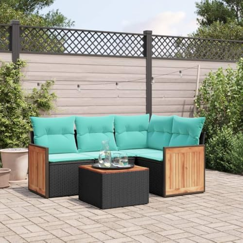 LoogCape 5-teiliges Gartensofa-Set aus schwarzem Polyrattan mit blauen Kissen, modulares Outdoor-Möbel für Terrasse, Balkon, Veranda