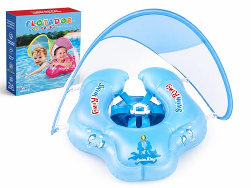 Bouée bébé avec siège et Harnais de sécurité + Auvent Anti-Soleil – Flotteur de Piscine pour bébé 6 à 24 Mois – PVC renforcé (Bleu)