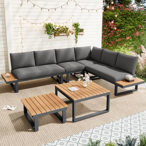 BTM 5-6 Seater Garden Furniture Set, 6-Piece Galvanized Iron Frame Outdoor Patio Furniture with Reclining & Adjustable Seating, 2 WPC Tabletop Table Included, Gray fabric+Black frame